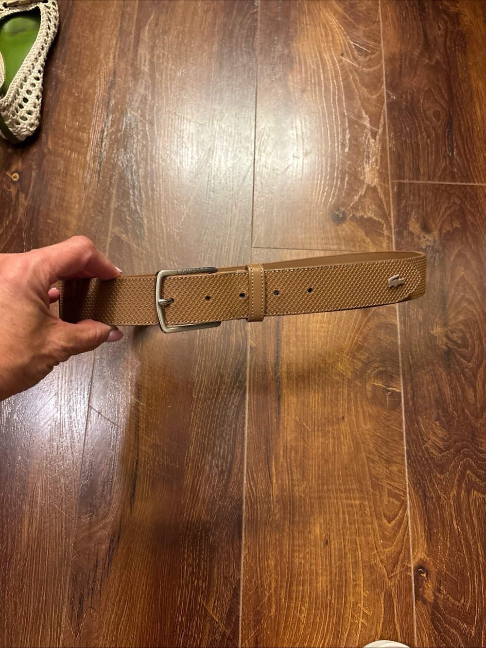 Tan Lacoste belt with textured weave pattern size 36